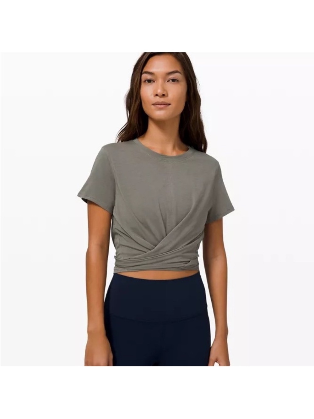 Lululemon Time To Restore Cropped Wrap Tie Tee T-Shirt Grey Sage Size 10